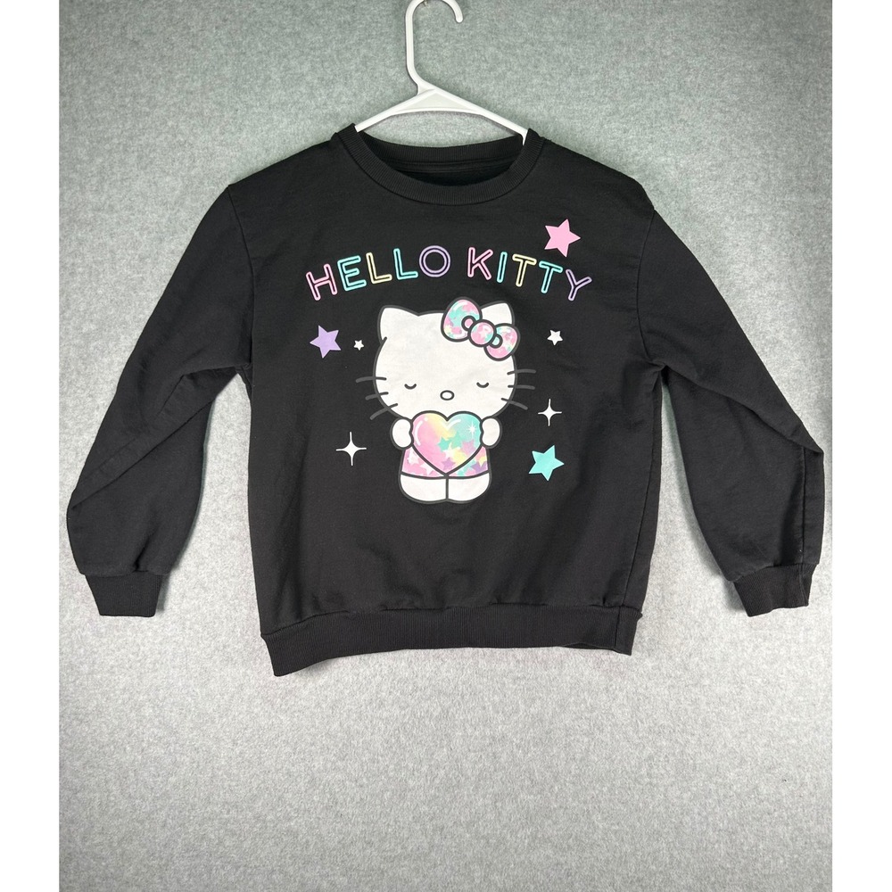 Hello Kitty Girls Sweatshirt L 10/12 Black Pastel Rainbow Foil Heart Pullover